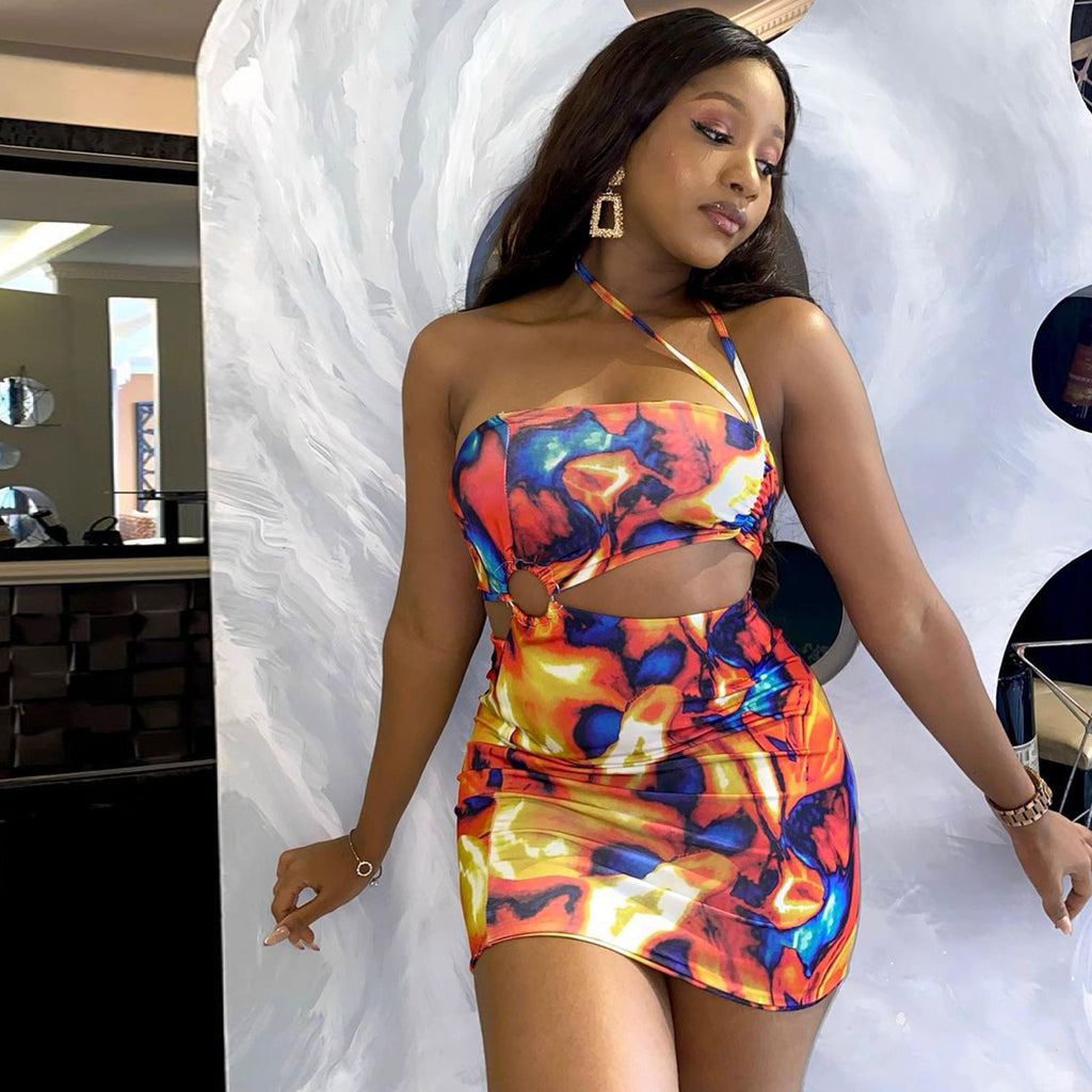 Sexy Sexy Printed Hollow Out Mini Dress