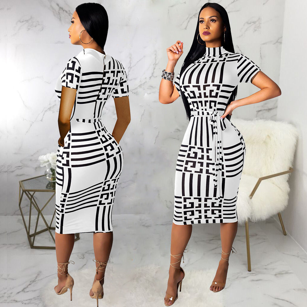 Sexy Sexy Printed Short Sleeve Sashes Slim Midi Dress