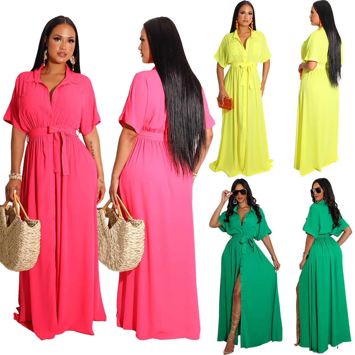 Sexy Solid Short Sleeve Sashes Maxi Dress