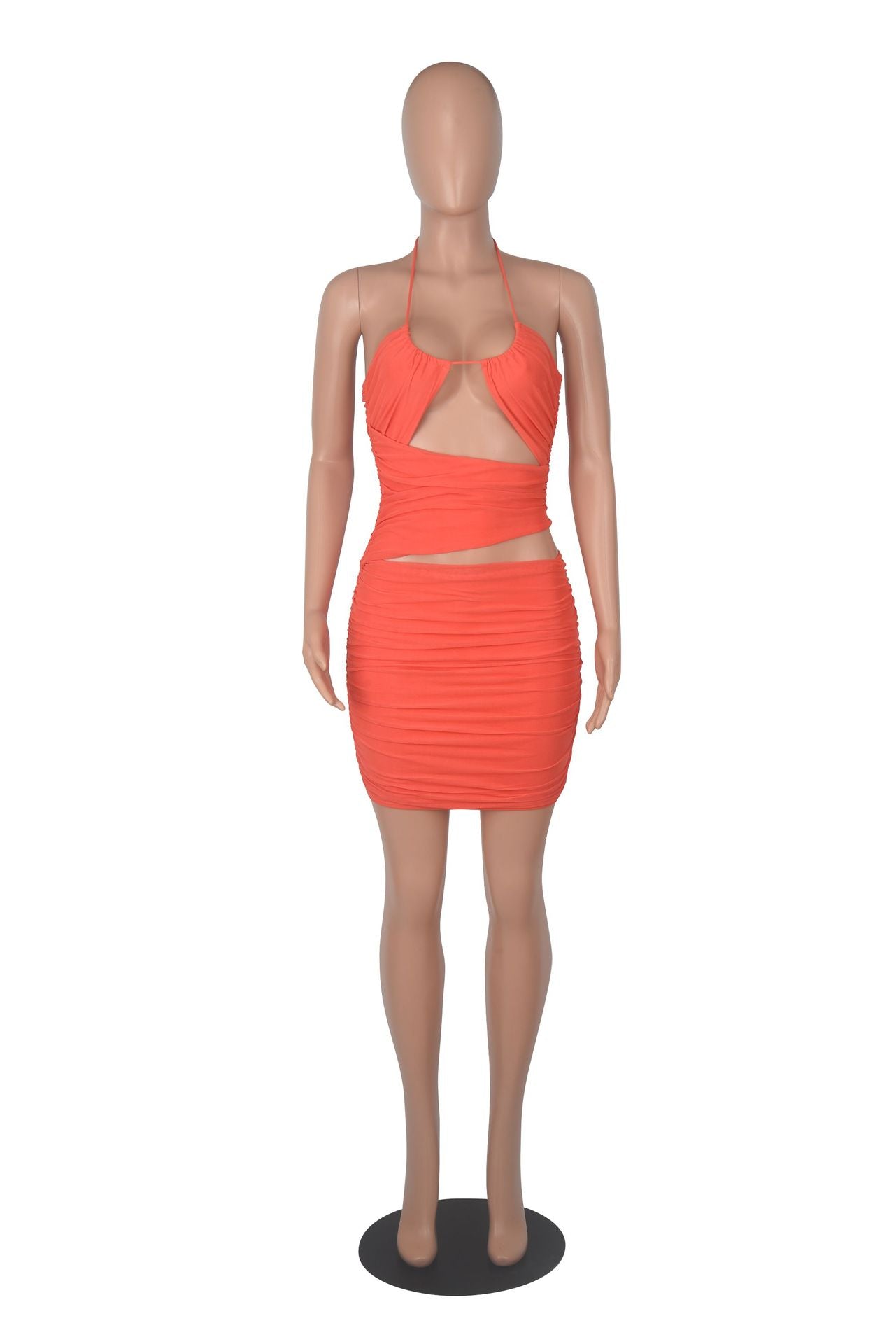 Sexy Solid Halter Hollow Out Ruched Mini Dress