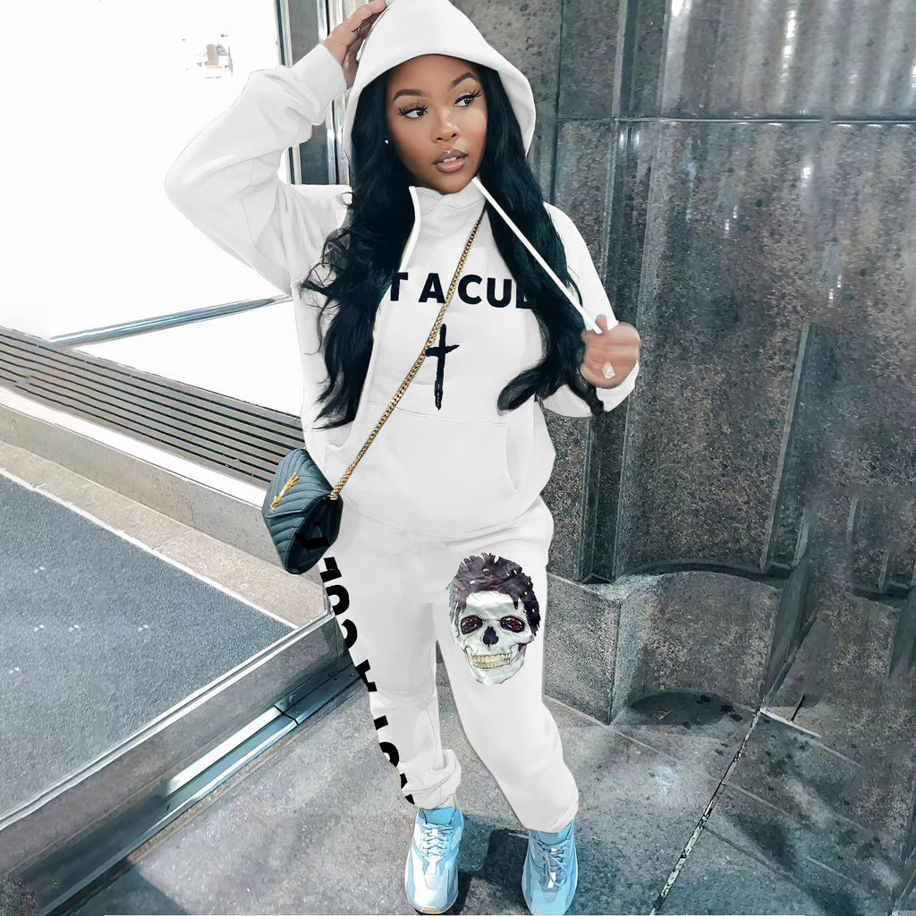 Sexy Skull Print Long Sleeve Hooded Two Piece Set