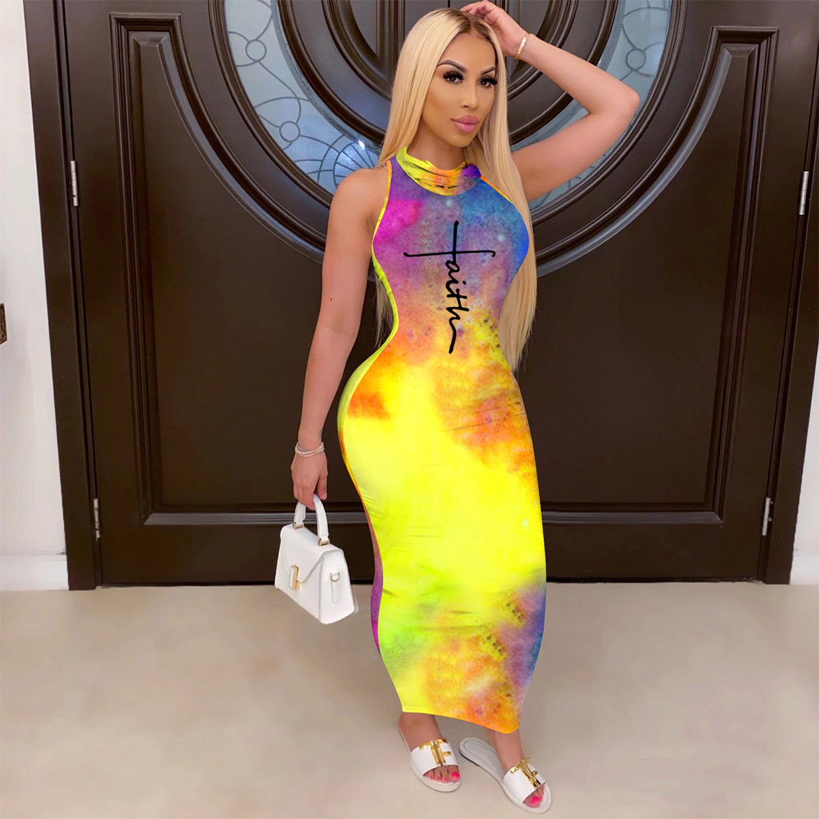 Sexy Tie Dye Print Mask One Piece Sleeveless Maxi Dress