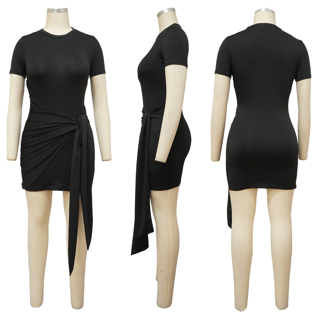 Sexy Round Neck Solid Color Short Sleeve Mini Dress