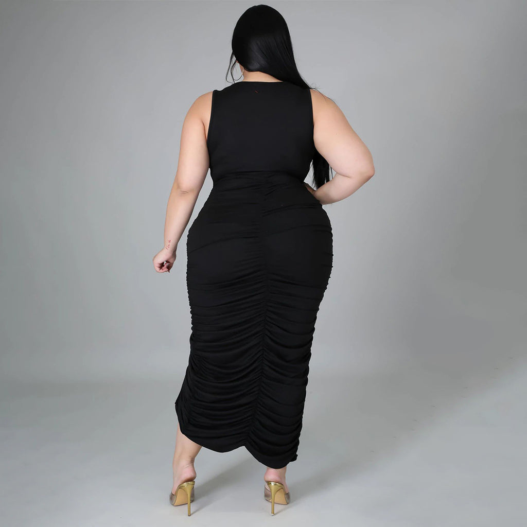 Sexy Plus Size Solid Sleeveless Ruched Split Slim Maxi Dress