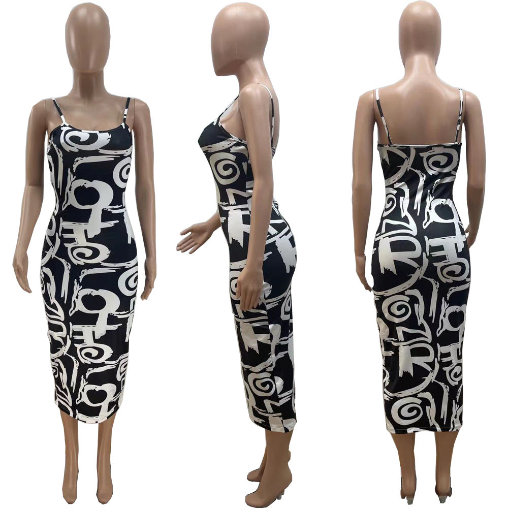 Sexy Geometric Print Spaghetti Strap Midi Dress