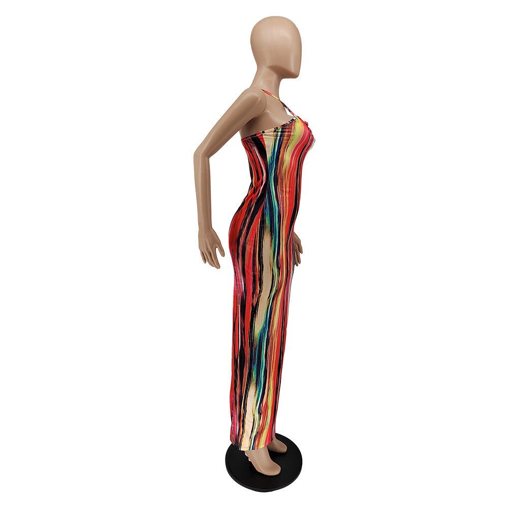 Sexy Tie Dye Print Cross Strap Sleeveless Maxi Dress