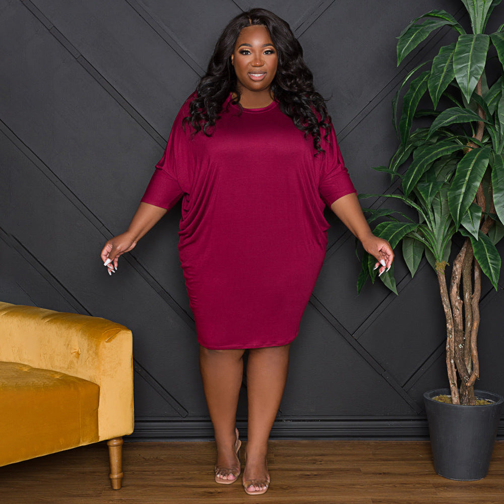 Sexy Plus Size Solid Batwsing Sleeve Dresses