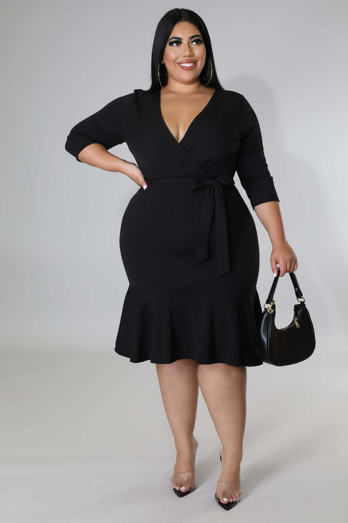 Sexy Plus Size 3/4 Sleeve Deep V Ruffle Dress
