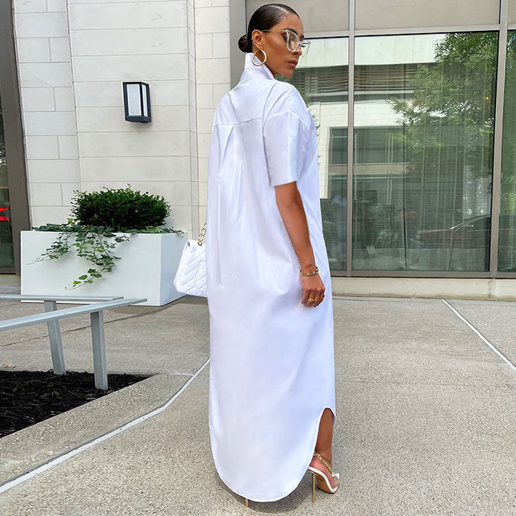 Sexy White Short Sleeve Maxi Shirt Dress