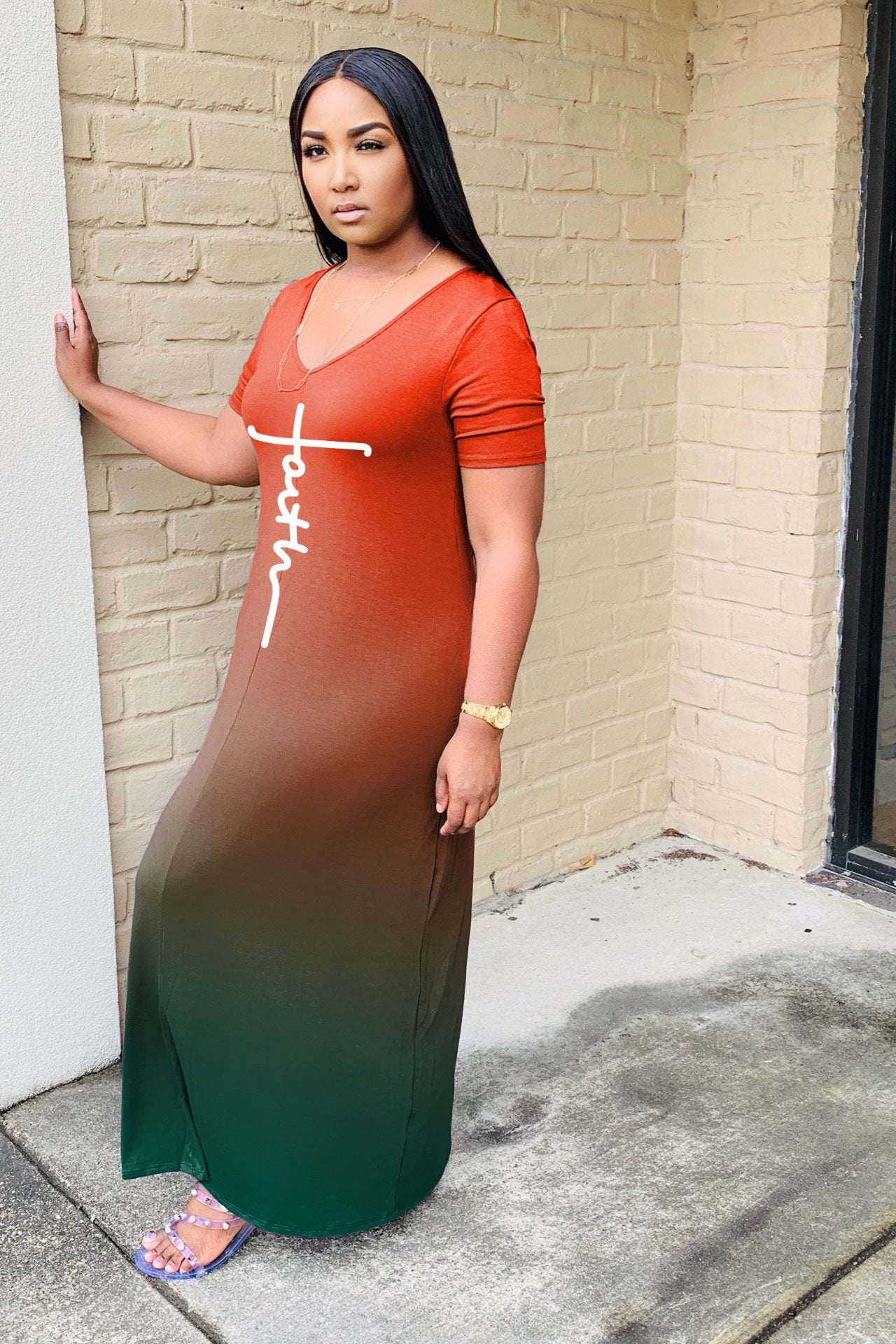 Sexy Gradient Letter Print Short Sleeve Maxi Dress