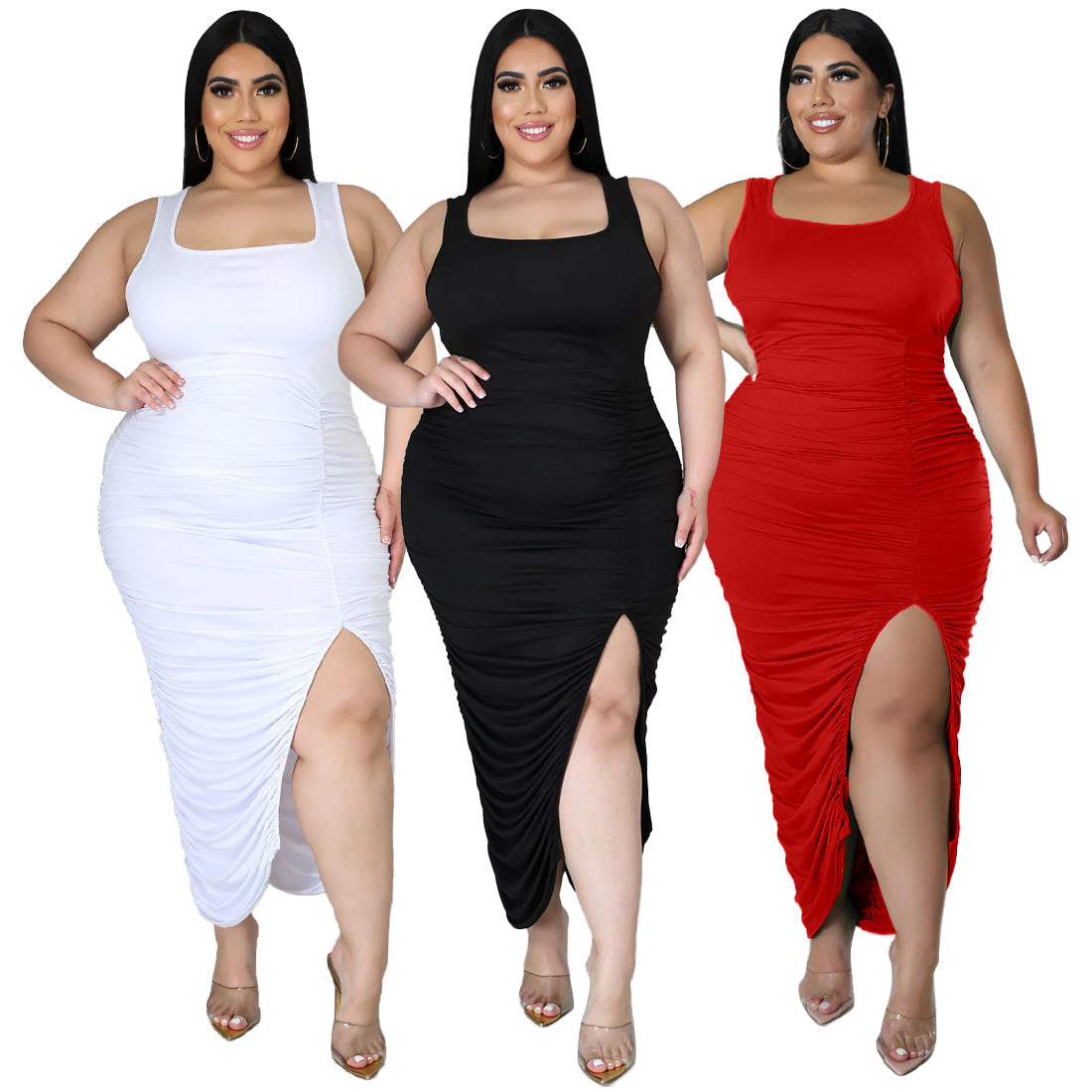 Sexy Plus Size Solid Sleeveless Ruched Split Slim Maxi Dress