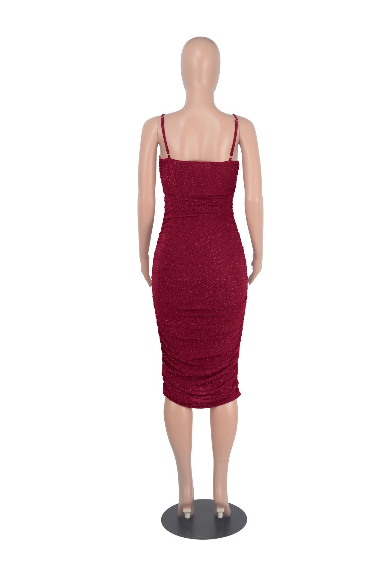 Sexy Shiny Ruched Spaghetti Strap Slim Midi Dress