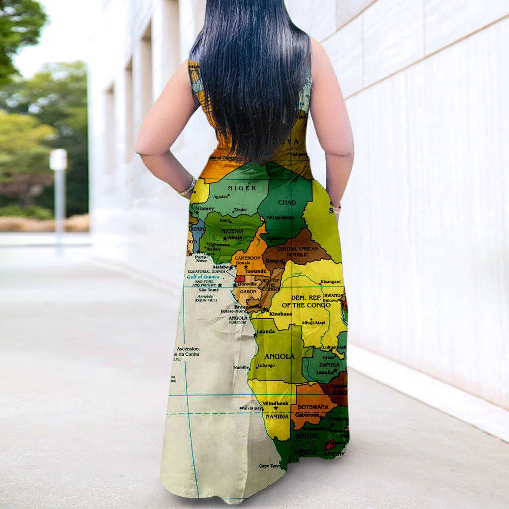 Sexy Plus Size Map Print Sleeveless Maxi Dress