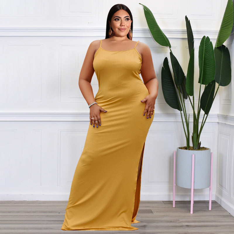 Sexy Plus Size Solid Split Sleeveless Sling Maxi Dress