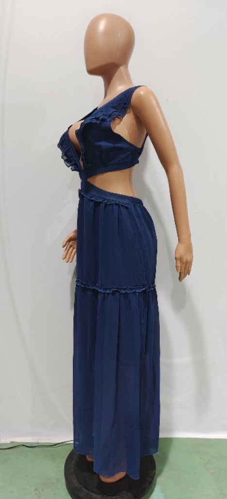 Sexy Sexy Ruffled V Neck Sleeveless Backless Hollow Maxi Dress