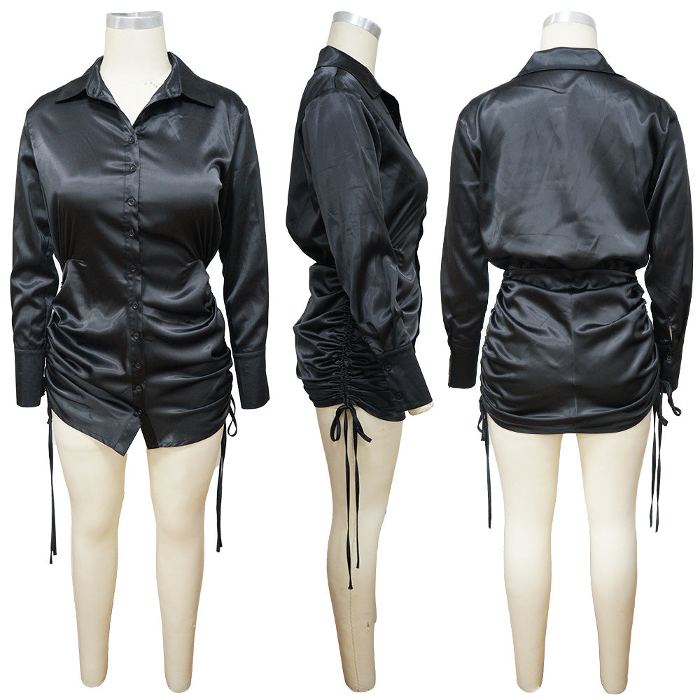Sexy Solid Long Sleeve Drawstring Pleated Lapel Shirts Dress