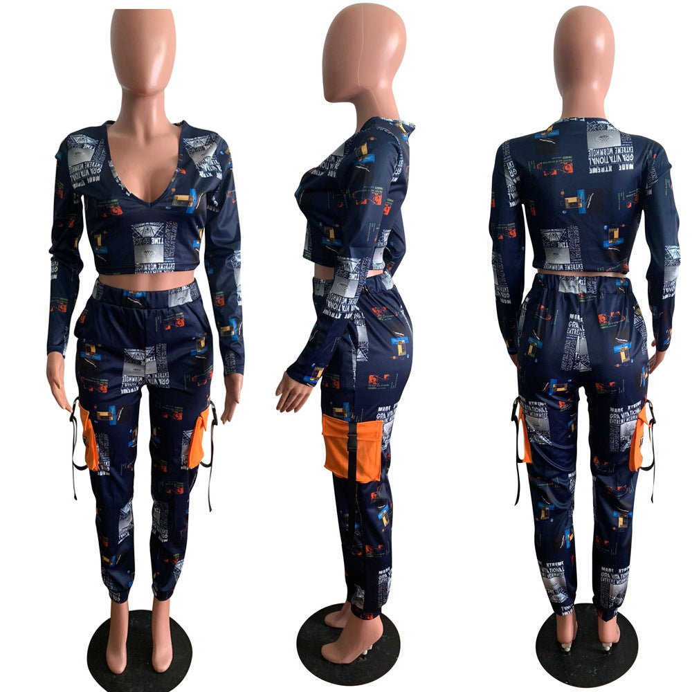 Sexy Sexy Deep V Neck Print Long Sleeve Pant Two Piece Set