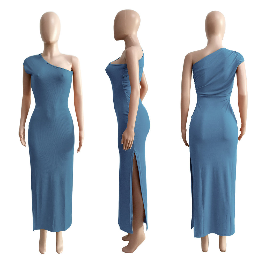 Sexy Solid Ribbed One Shoulder Split Maxi Dress