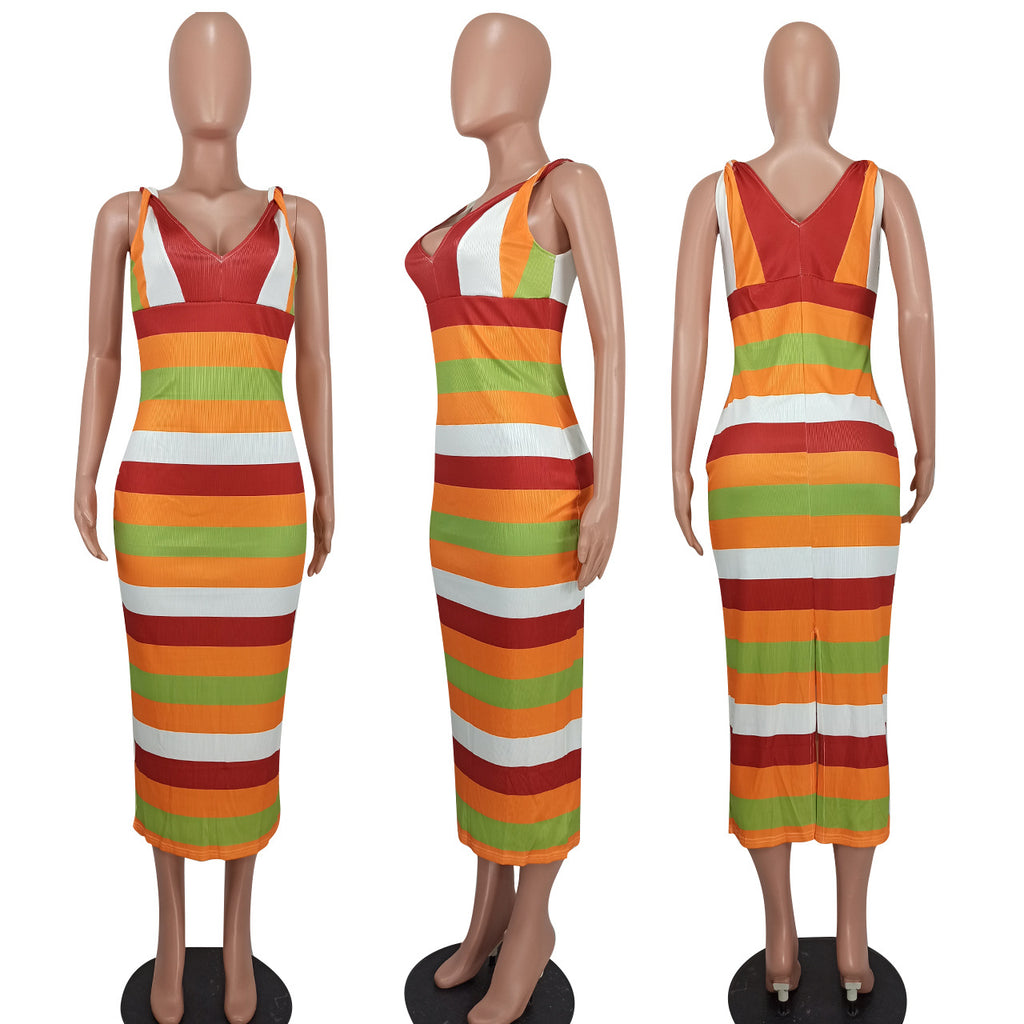 Sexy Sexy Striped V Neck Sleeveless Split Midi Dress