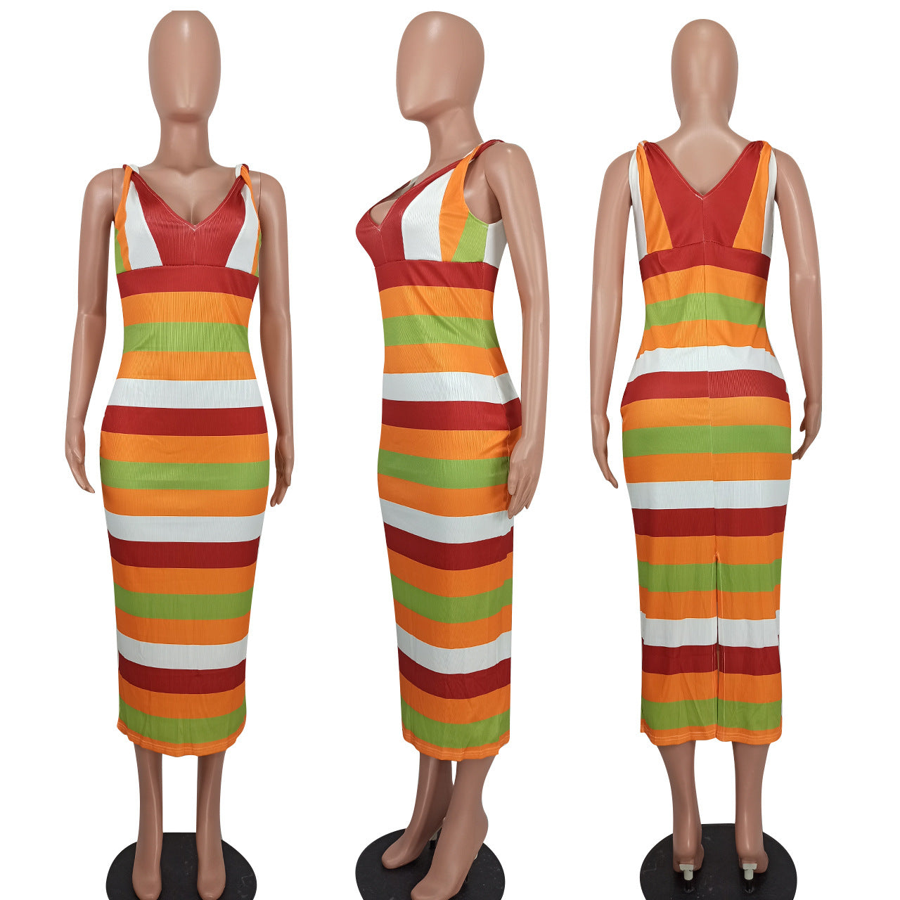 Sexy Sexy Striped V Neck Sleeveless Split Midi Dress