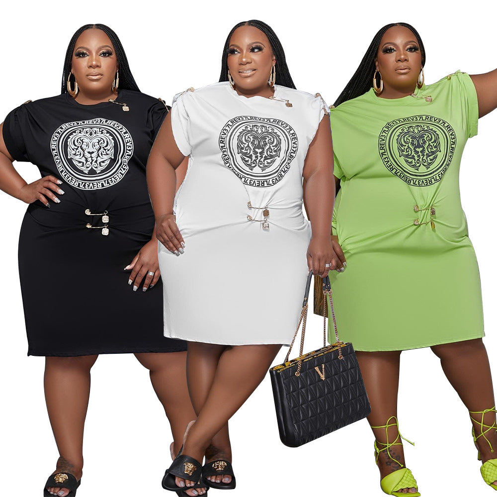 Sexy Plus Size Printed Brooch T Shirt Dress