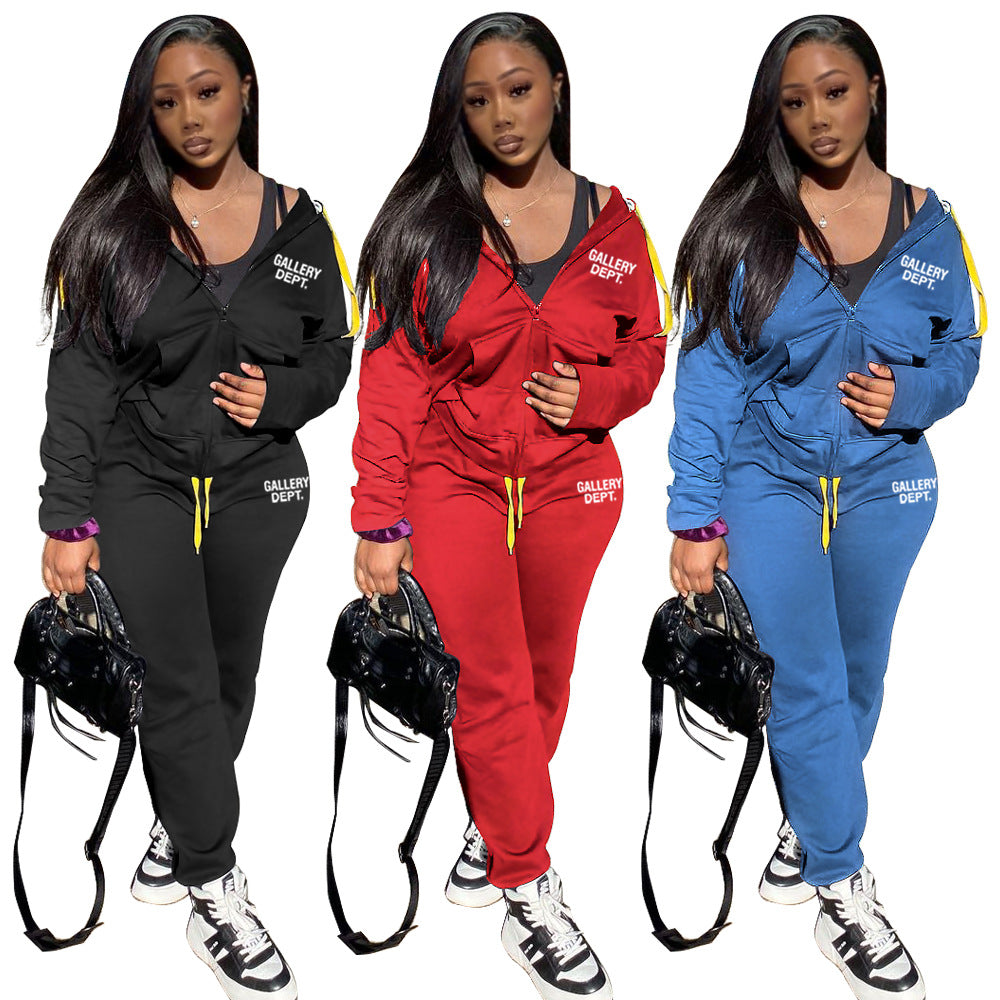 Sexy Casual Sport Print Zipper Hooded Two Piece Set