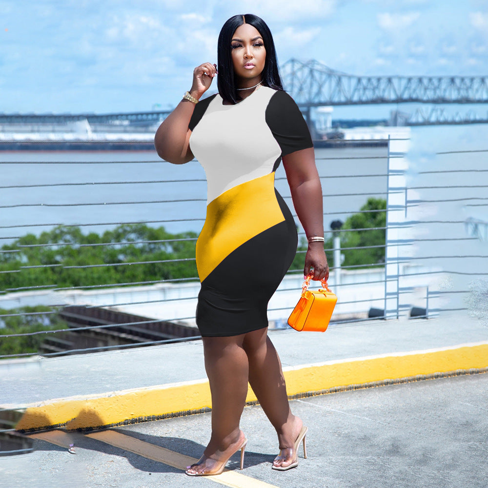 Sexy Plus Size Contrast Color Short Sleeve Bodycon Dress