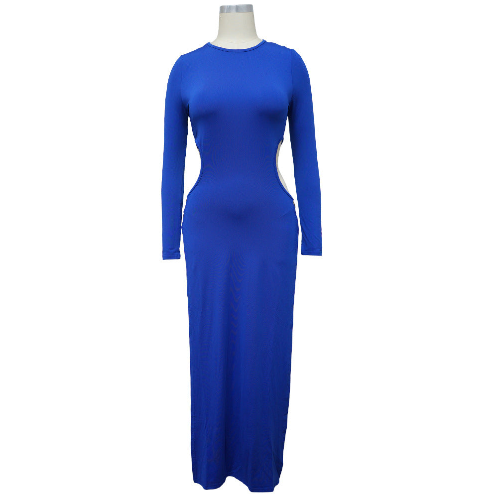 Sexy Solid Color Round Neck Sexy Slit Long Dress