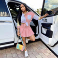 Sexy Striped 3/4 Sleeves Shirt Top+Pleated Mini Skirt 2 Piece Sets