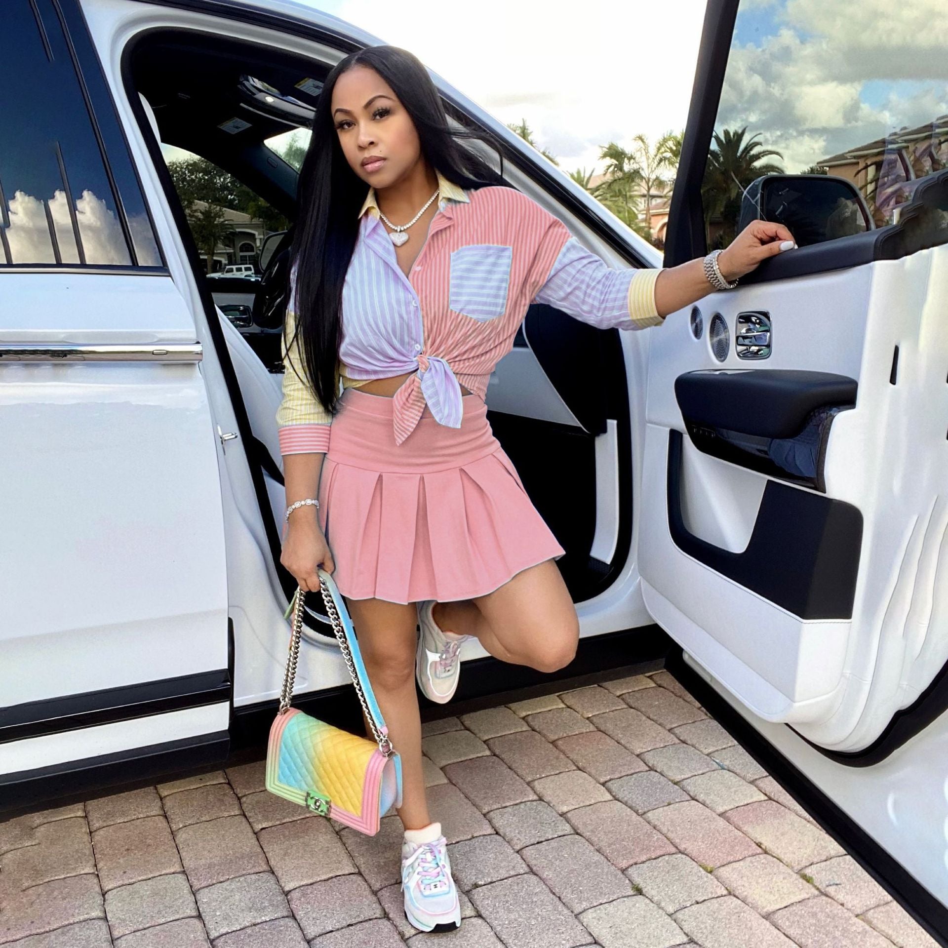 Sexy Striped 3/4 Sleeves Shirt Top+Pleated Mini Skirt 2 Piece Sets