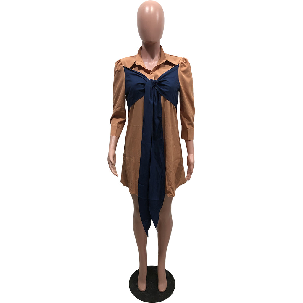 Sexy Casual 3/4 Sleeve Splice Lace-Up Shirt Dress