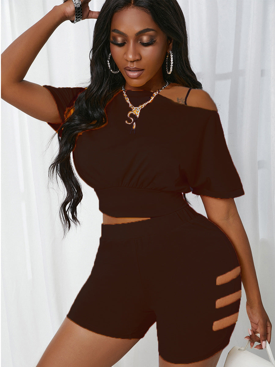 Sexy Solid Off Shoulder Hollow Out Two Piece Shorts Set