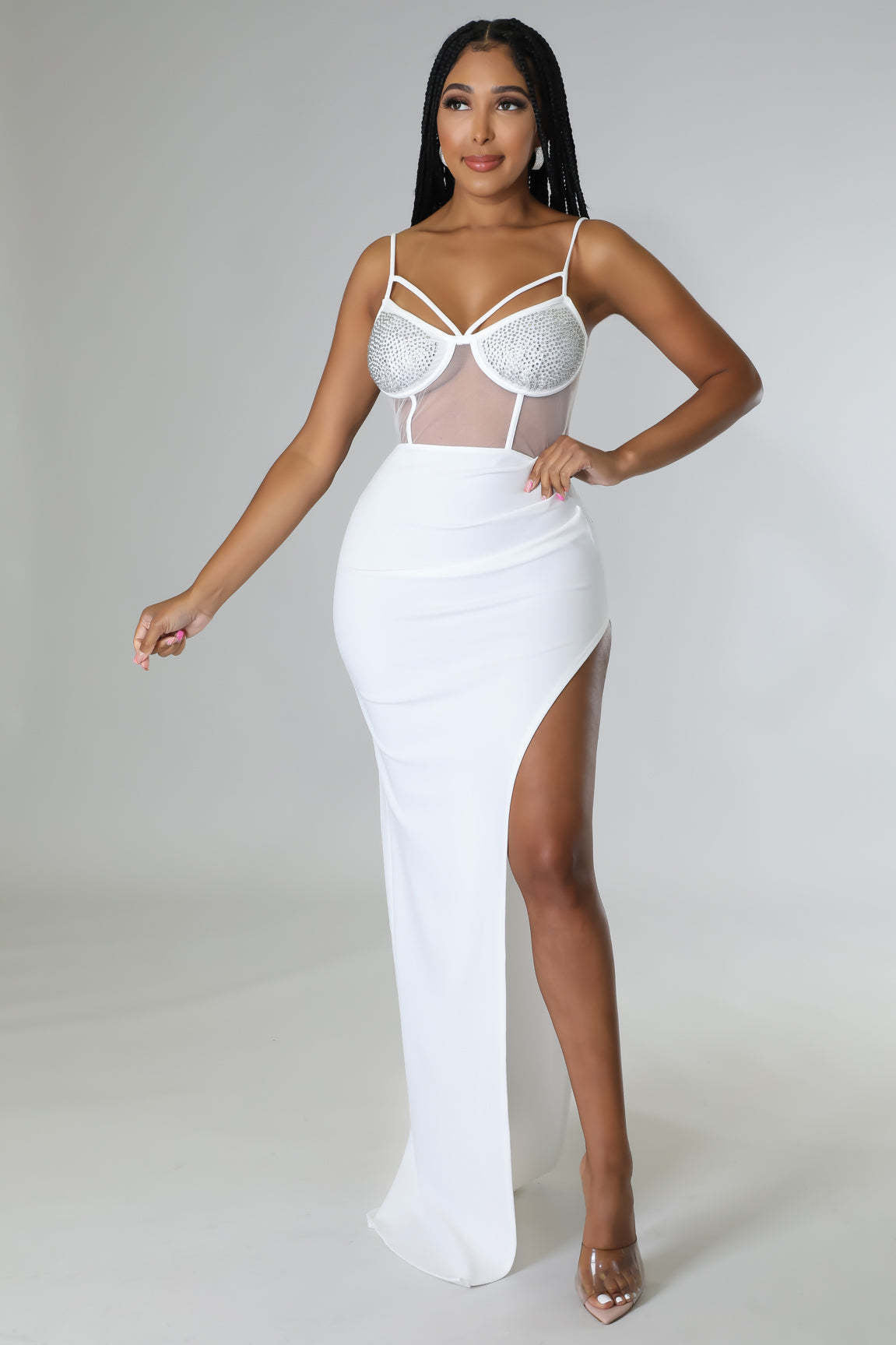 Sexy Sexy Mesh Hot Drilling Patchwork Split Long Evening Dress