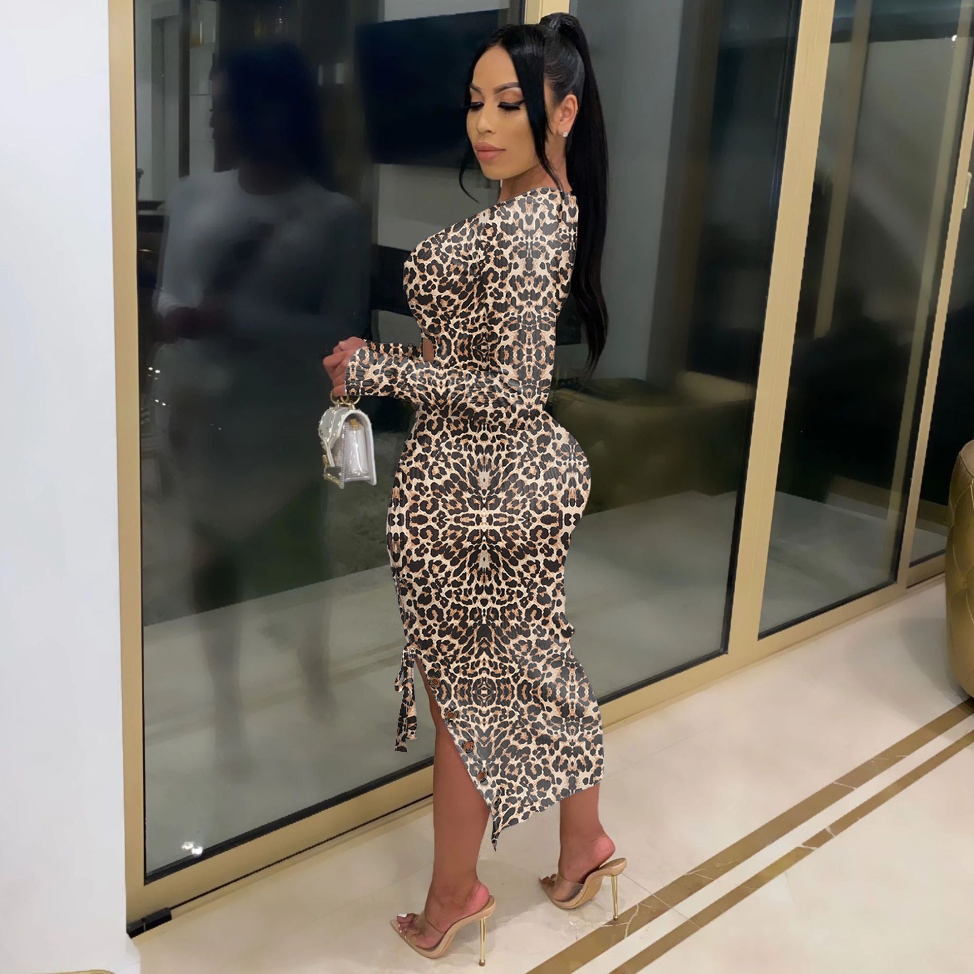 Sexy Sexy Leopard Lace-Up Full Sleeve Long Dress