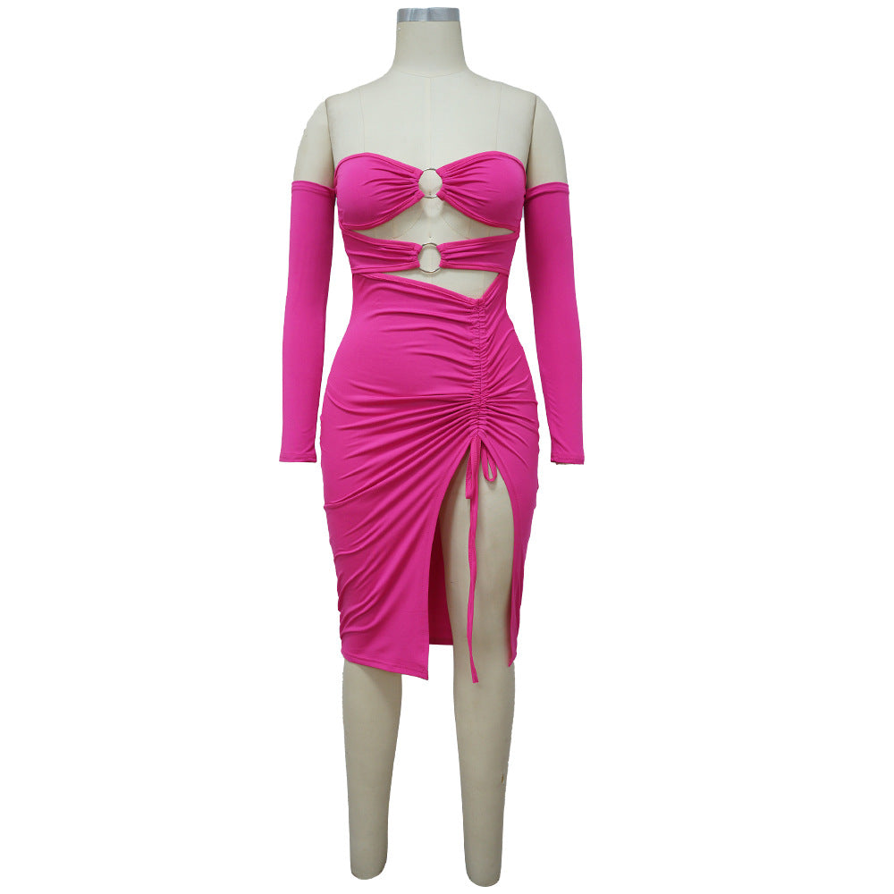 Sexy Solid Color Wrinkled Long Sleeve Off Shoulder Midi Dress
