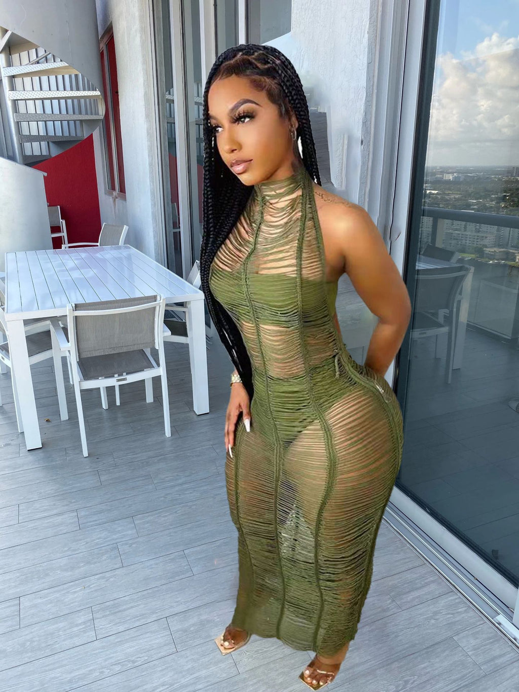 Sexy Solid Knitted Halter Hollow Out Maxi Dress