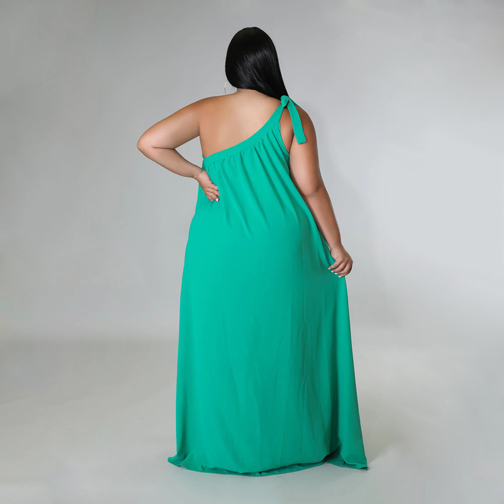 Sexy Plus Size Solid One Shoulder Loose Maxi Dress