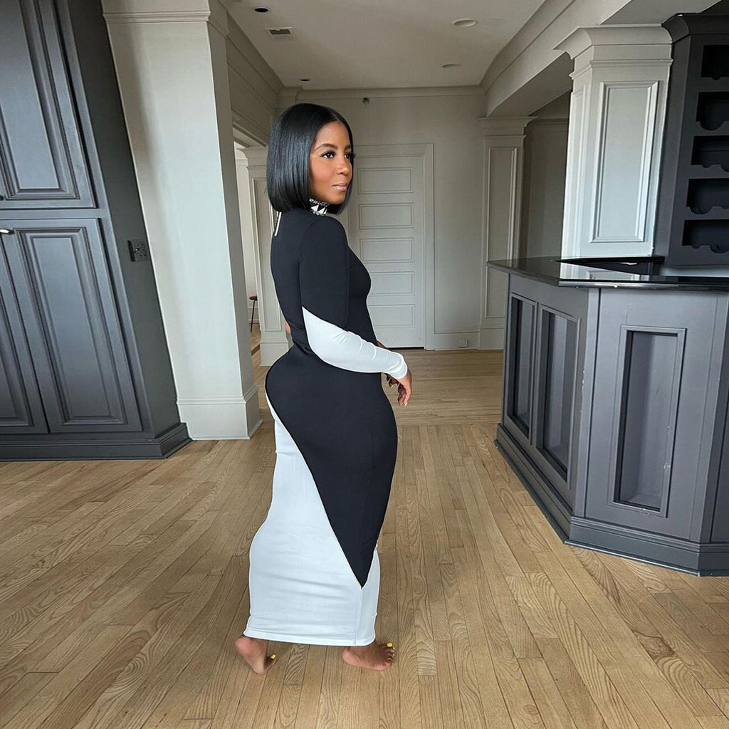 Sexy Contrast Color Patchwork One Shoulder Maxi Dress