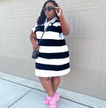 Sexy Plus Size Striped Turndown Collar T-Shirt Dress