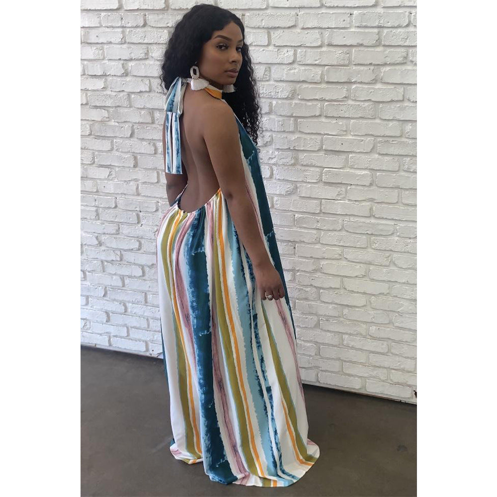 Sexy Tie Dye Print Halter Backless Loose Jumpsuit
