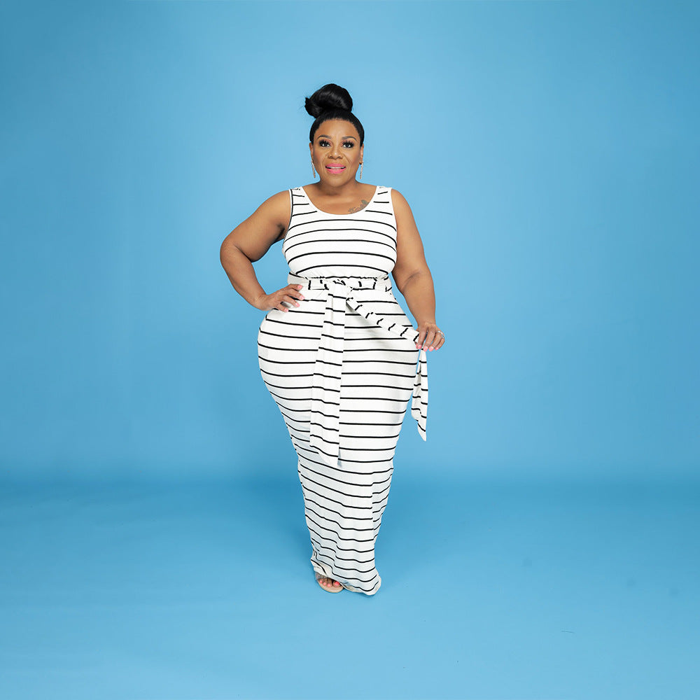 Sexy Plus Size Striped Sleeveless Sashes Maxi Dress