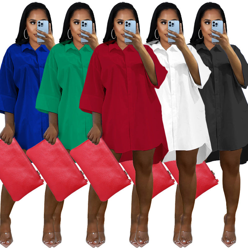 Sexy Plus Size Solid Turndown-Collar Loose Shirt Dress