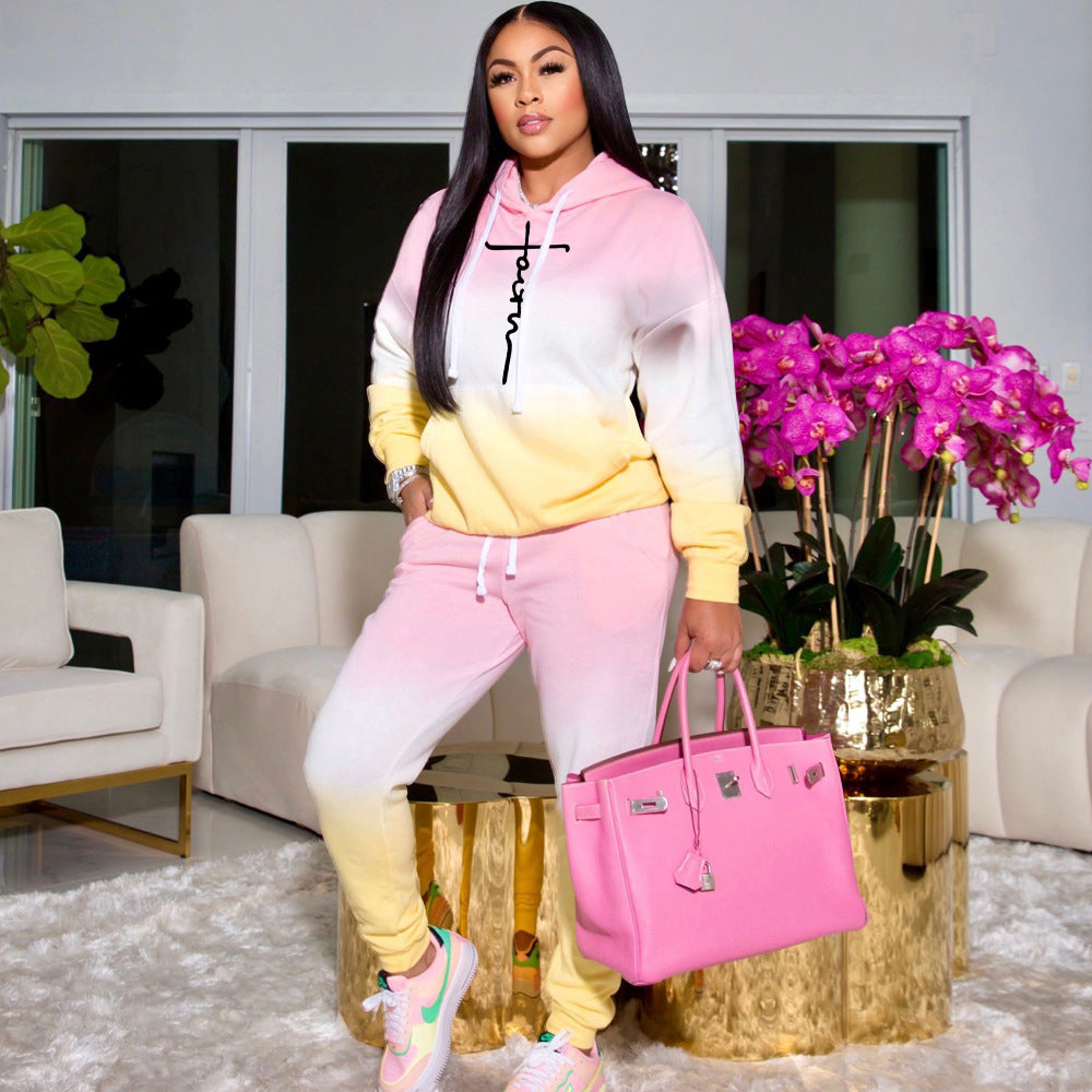 Sexy Gradient Casual Hooded Sweatshirt Two Piece Set