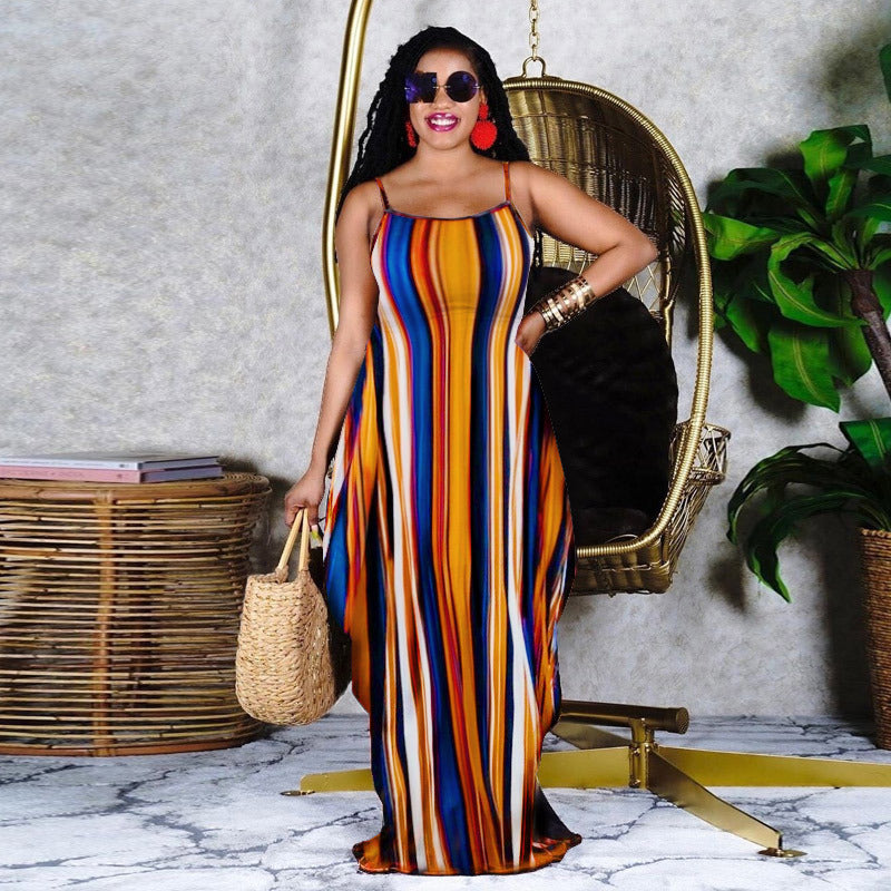 Sexy Colorful Striped Pocket Loose Sling Maxi Dress