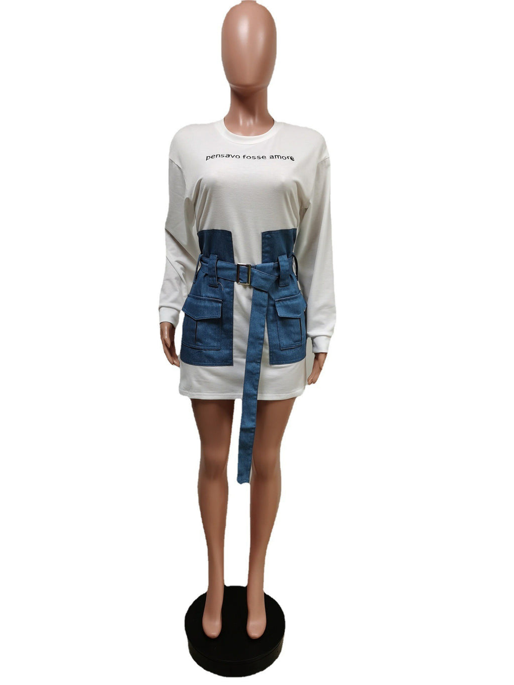 Sexy Denim Patchwork Embroidery Letter Belted Mini Dress