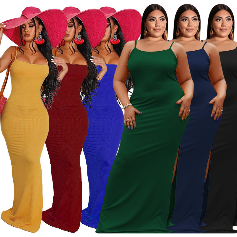 Sexy Plus Size Solid Split Sleeveless Sling Maxi Dress
