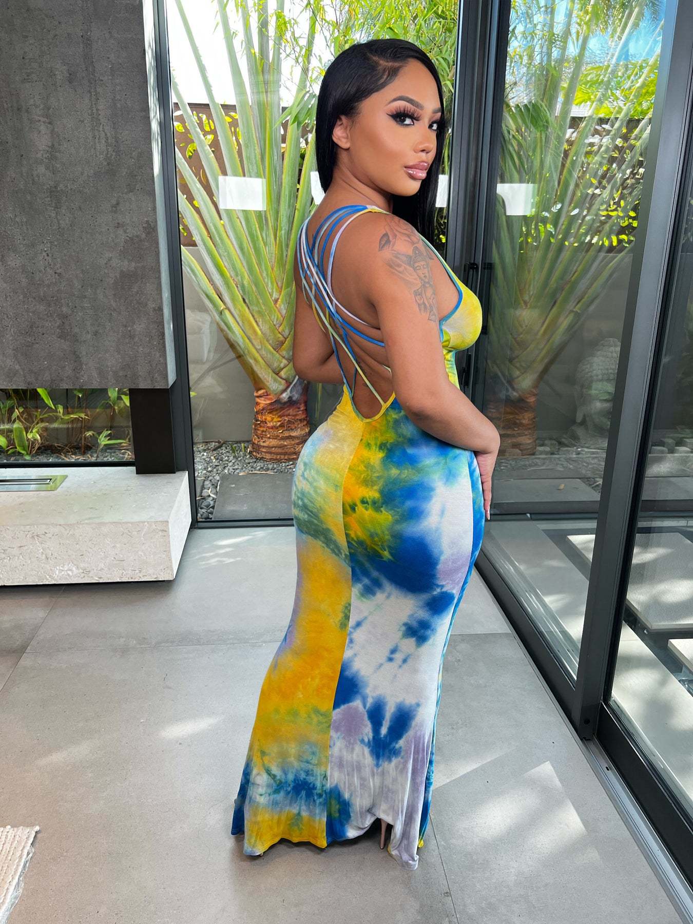 Sexy Tie Dye Print Sleeveless Open-Back Cross Strap Maxi Dress