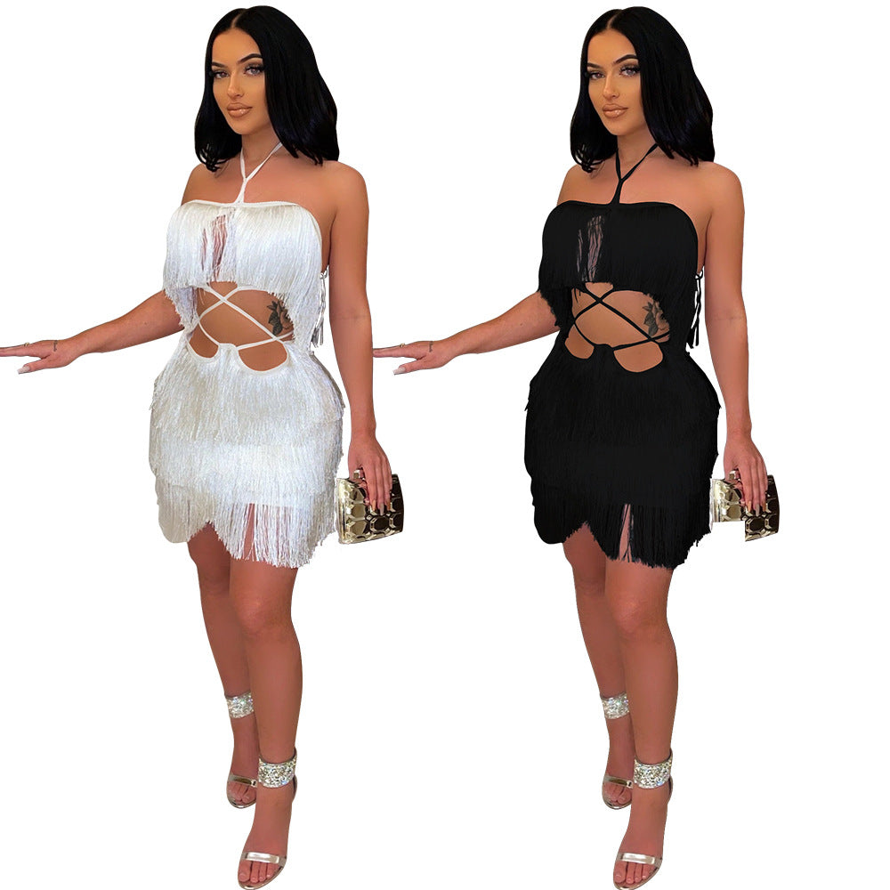 Sexy Lace-up Backless Tassel Mini Dress