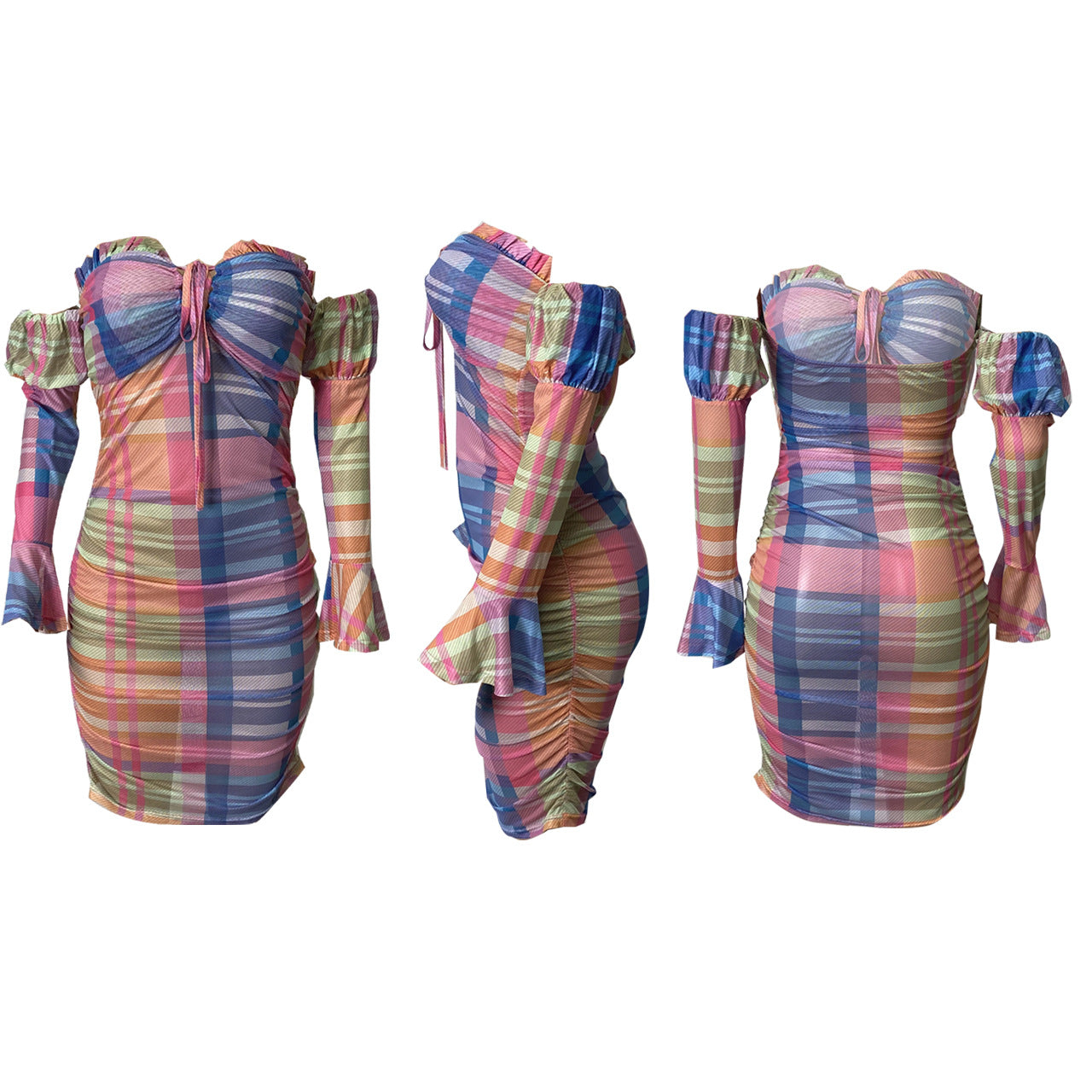 Sexy Sexy Plaid Mesh Long Sleeve Off Shoulder Mini Dress