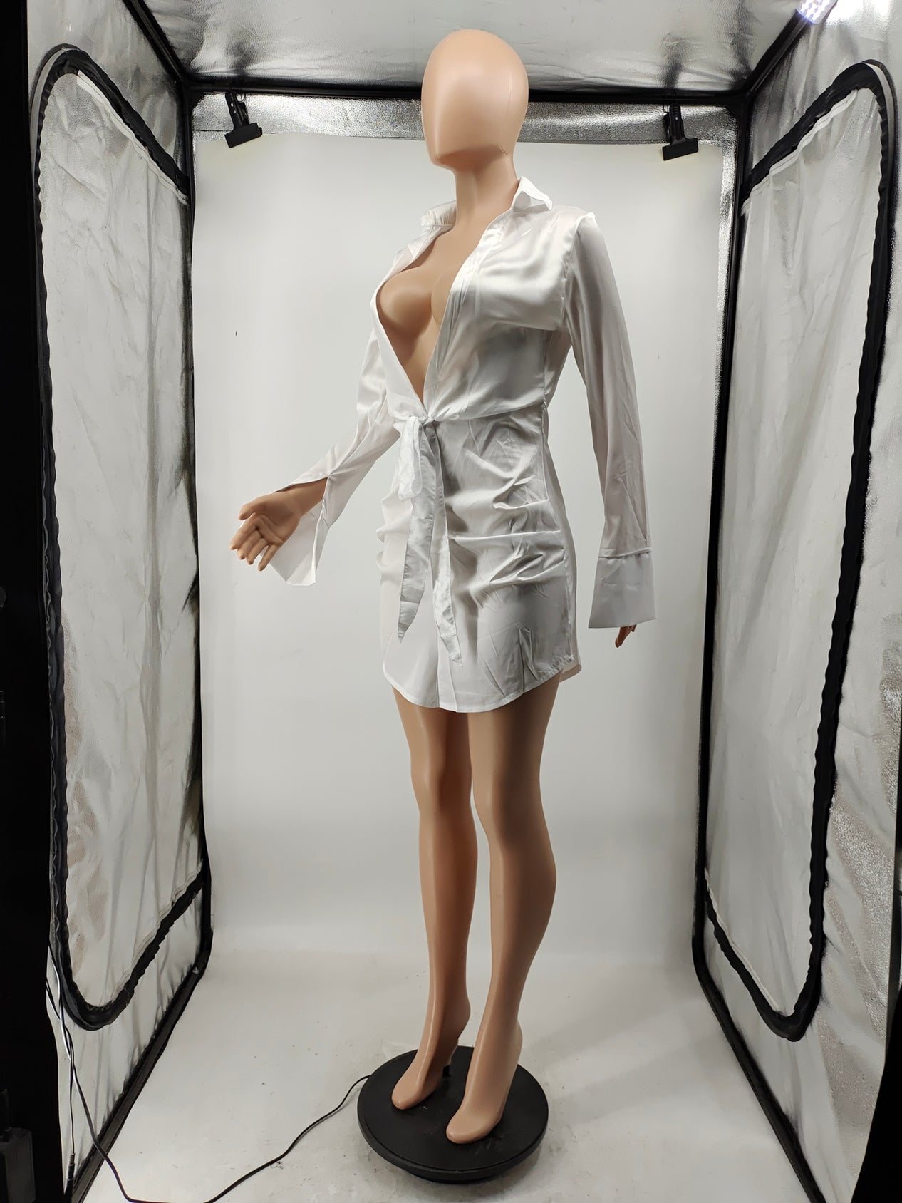 Sexy Solid Long Sleeve Tie-Up Shirt Dress